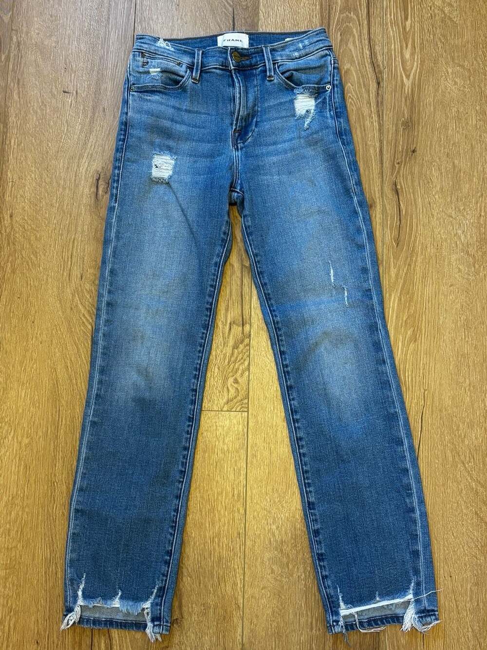 FRAME Le High Straight Jeans Size 25 Blue Distressed